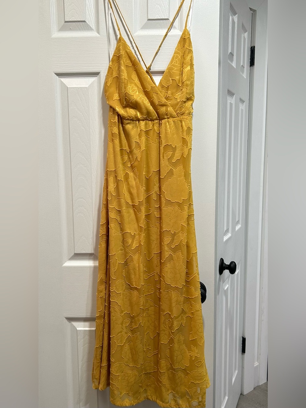 Lulu's Mustard Floral Lace Maxi Dress with Spaghetti Straps